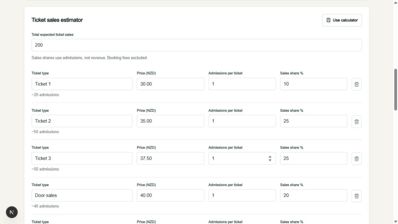 Sample ticket sales estimator with ticket prices and sales shares